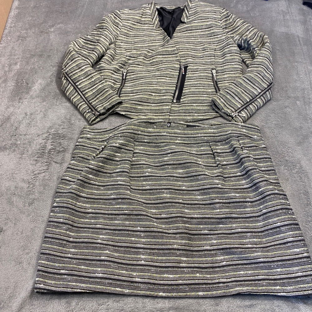 Mossimo 2pc Blazer Skirt Suit Women's 16 Black Gold Metallic Striped Chic Preppy